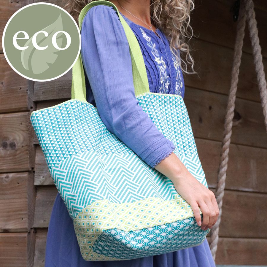 Aqua/Lime Geo Print Cotton Tote Bag