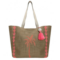 Aspiga Pink Palm Tree Jute Beach Bag Indigo Blue Trading